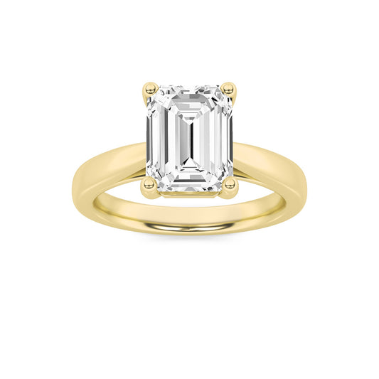 3 Ct Emerald (F/VS) Lab Grown Diamond Trellis Prong 14K Yellow Gold Plain Cathedral Solitaire Engagement Ring