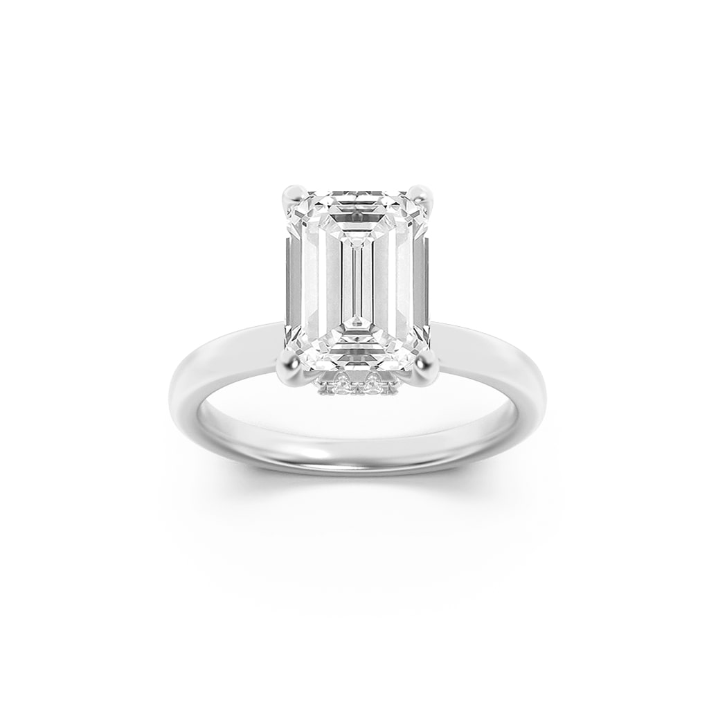 1Cttw Emerald Shaped Lab Grown Diamond (F/VS) Hidden Halo Plain Shank Engagement Ring in 14K Gold