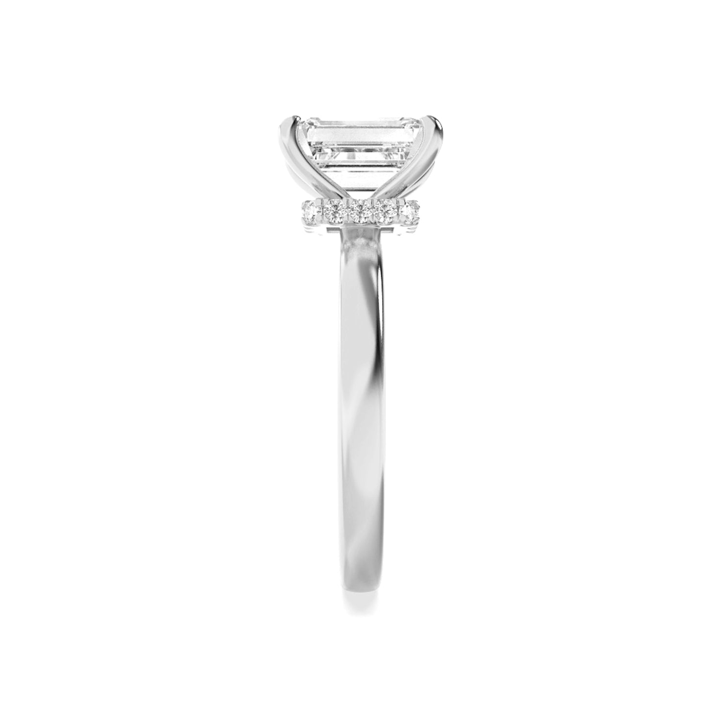 2Cttw Emerald Shaped Lab Grown Diamond (F/VS) Hidden Halo Plain Shank Engagement Ring in 14K Gold