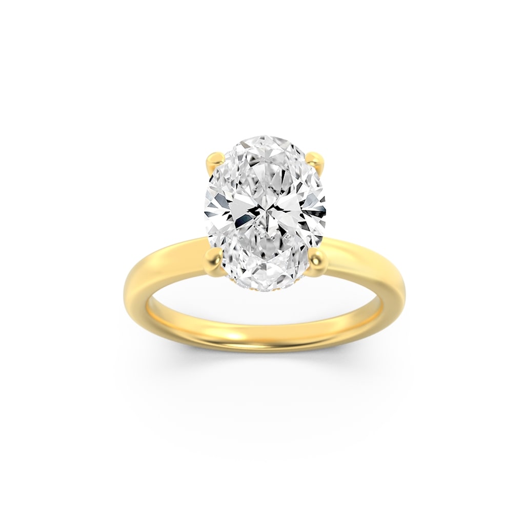 2Cttw Oval Shaped Lab Grown Diamond (F/VS) Hidden Halo Plain Shank Engagement Ring in 14K Gold
