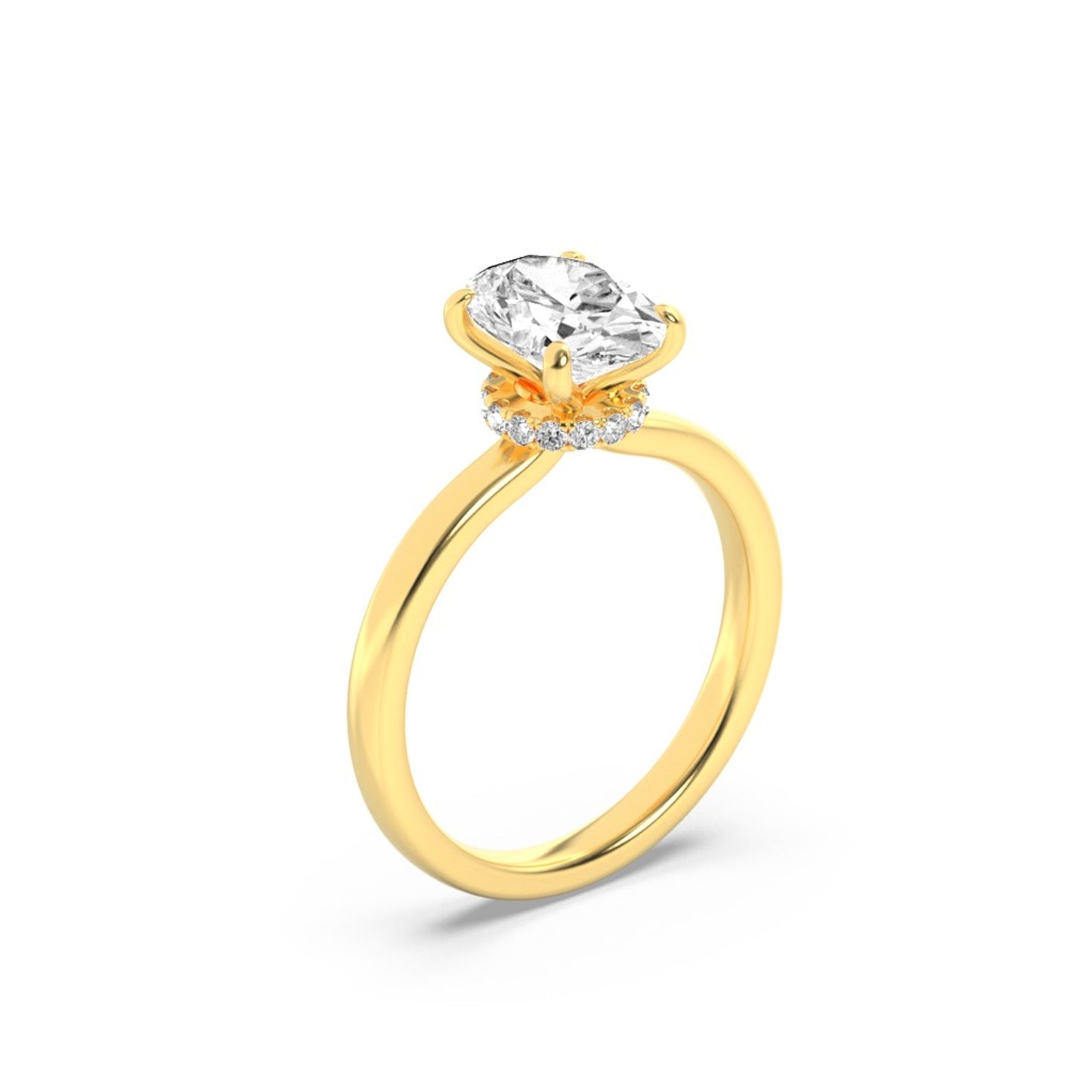 2Cttw Oval Shaped Lab Grown Diamond (F/VS) Hidden Halo Plain Shank Engagement Ring in 14K Gold