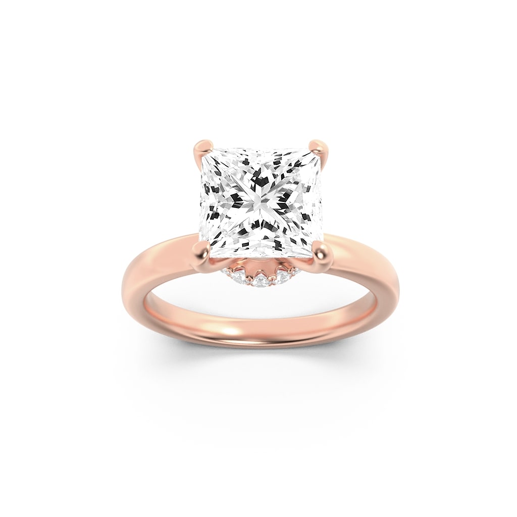1Cttw Princess Shaped Lab Grown Diamond (F/VS) Hidden Halo Plain Shank Engagement Ring in 14K Gold