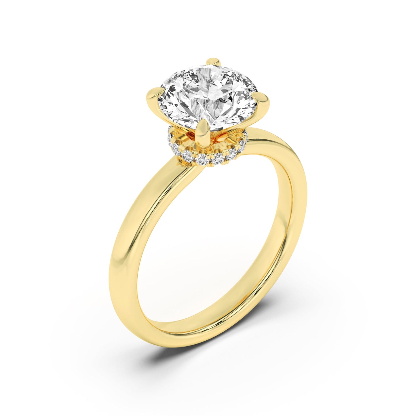 2Cttw Round Shaped Lab Grown Diamond (F/VS) Hidden Halo Plain Shank Engagement Ring in 14K Gold