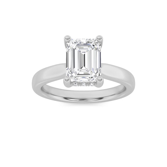 2Cttw Emerald Shaped Lab Grown Diamond (F/VS) Hidden Halo Cathedral Shank Engagement Ring in 14K Gold