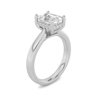 2Cttw Emerald Shaped Lab Grown Diamond (F/VS) Hidden Halo Cathedral Shank Engagement Ring in 14K Gold