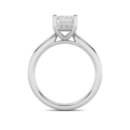 2Cttw Emerald Shaped Lab Grown Diamond (F/VS) Hidden Halo Cathedral Shank Engagement Ring in 14K Gold