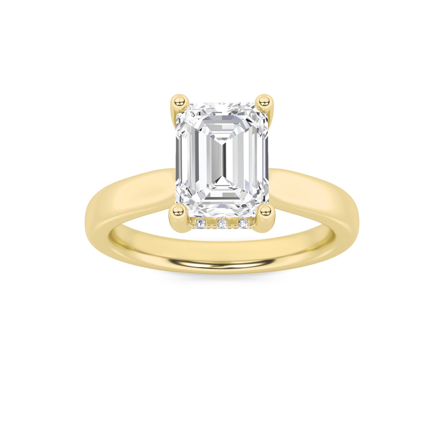 2Cttw Emerald Shaped Lab Grown Diamond (F/VVS) Hidden Halo Cathedral Shank Engagement Ring in 14K Gold