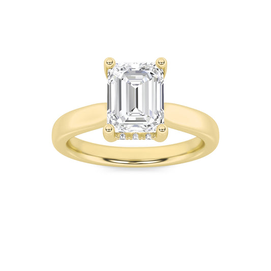2Cttw Emerald Shaped Lab Grown Diamond (F/VVS) Hidden Halo Cathedral Shank Engagement Ring in 14K Gold