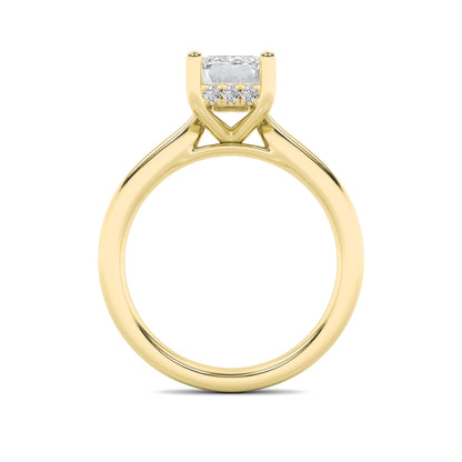 2Cttw Emerald Shaped Lab Grown Diamond (F/VVS) Hidden Halo Cathedral Shank Engagement Ring in 14K Gold