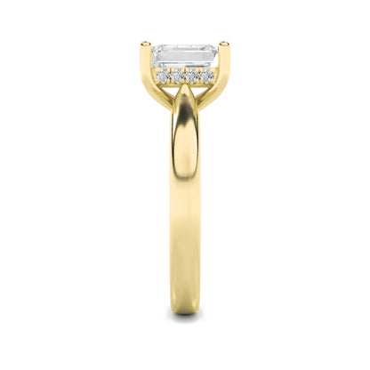 2Cttw Emerald Shaped Lab Grown Diamond (F/VVS) Hidden Halo Cathedral Shank Engagement Ring in 14K Gold