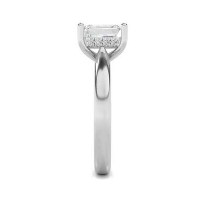 3Cttw Emerald Shaped Lab Grown Diamond (F/VS) Hidden Halo Cathedral Shank Engagement Ring in 14K Gold