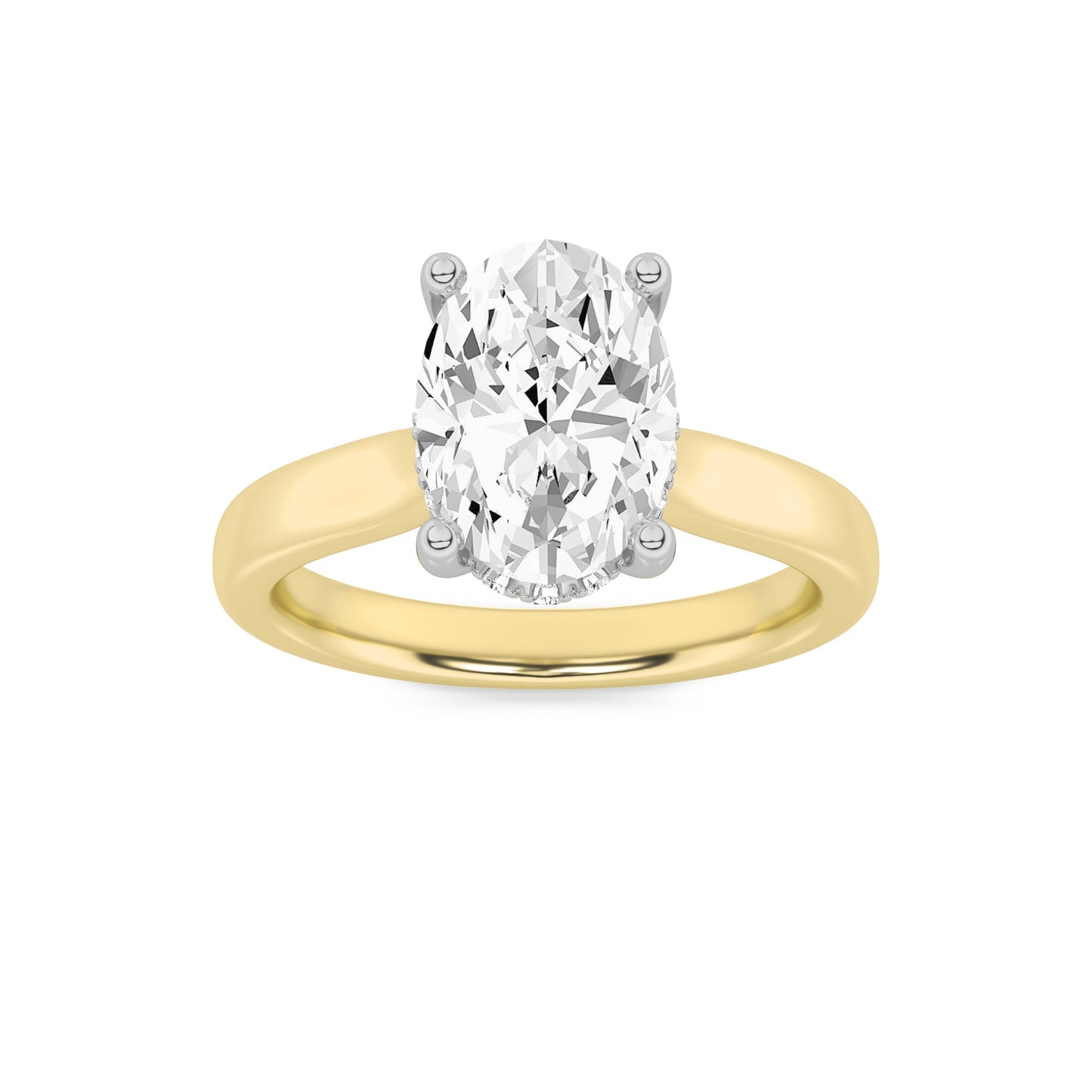 2Cttw Oval Shaped Lab Grown Diamond (F/VVS) Hidden Halo Cathedral Shank Engagement Ring in 14K Gold