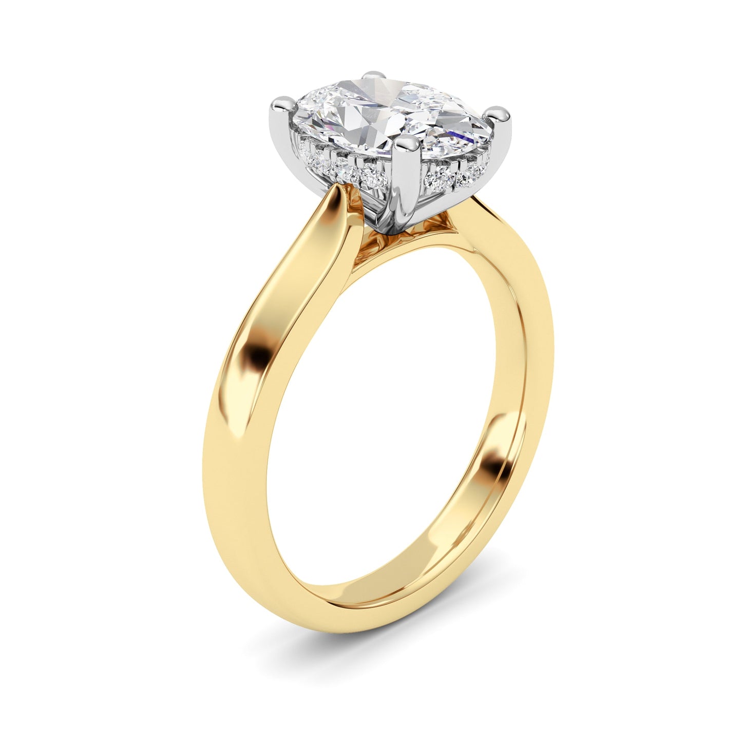 2Cttw Oval Shaped Lab Grown Diamond (F/VVS) Hidden Halo Cathedral Shank Engagement Ring in 14K Gold