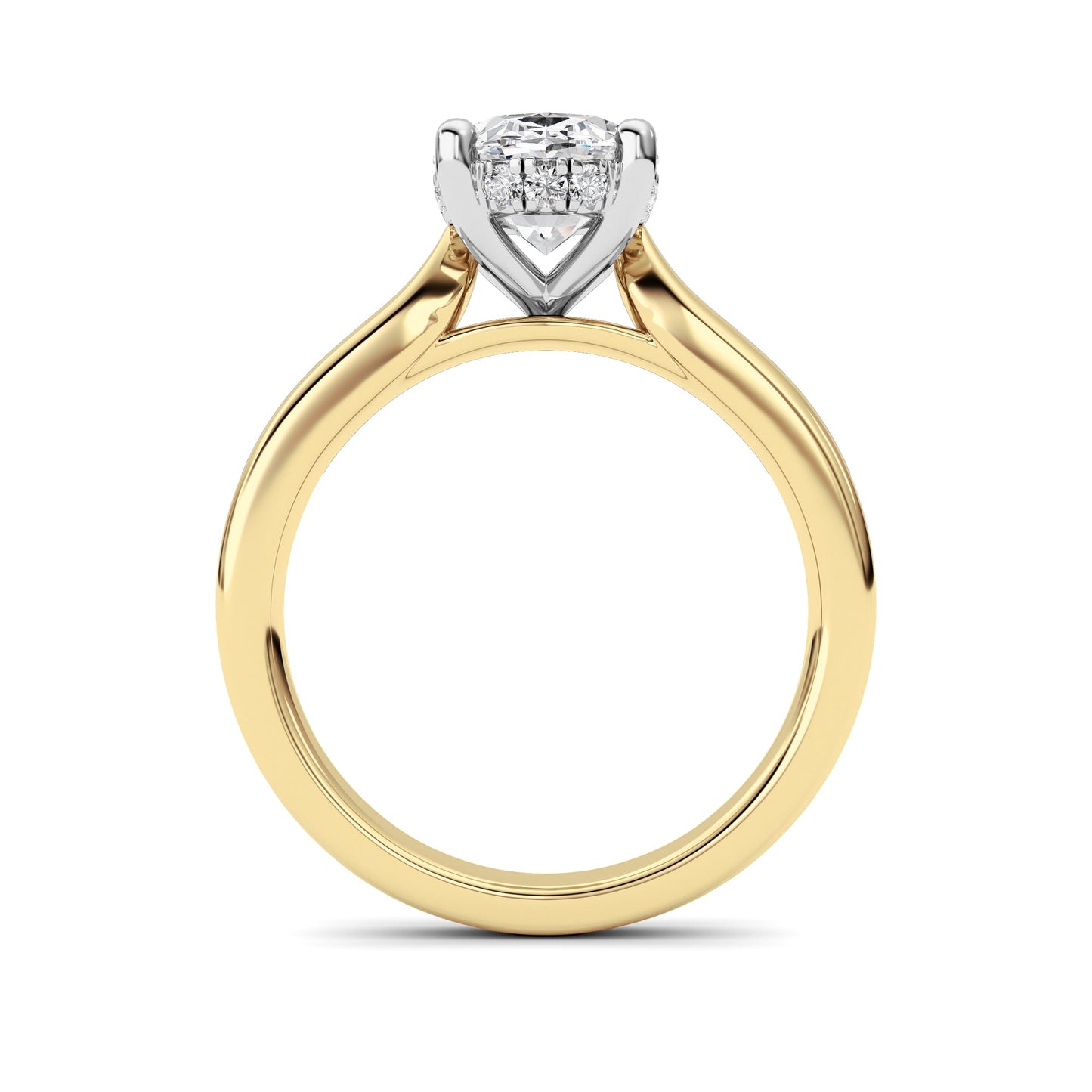 2Cttw Oval Shaped Lab Grown Diamond (F/VVS) Hidden Halo Cathedral Shank Engagement Ring in 14K Gold