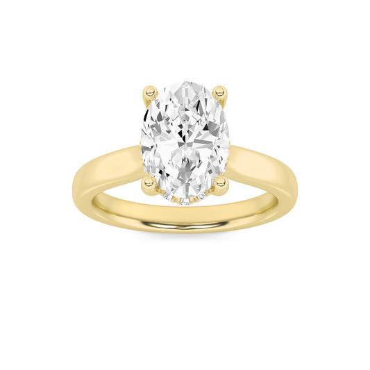 3Cttw Oval Shaped Lab Grown Diamond (F/VS) HiddenHalo Cathedral Shank Engagement Ring in 14K Gold