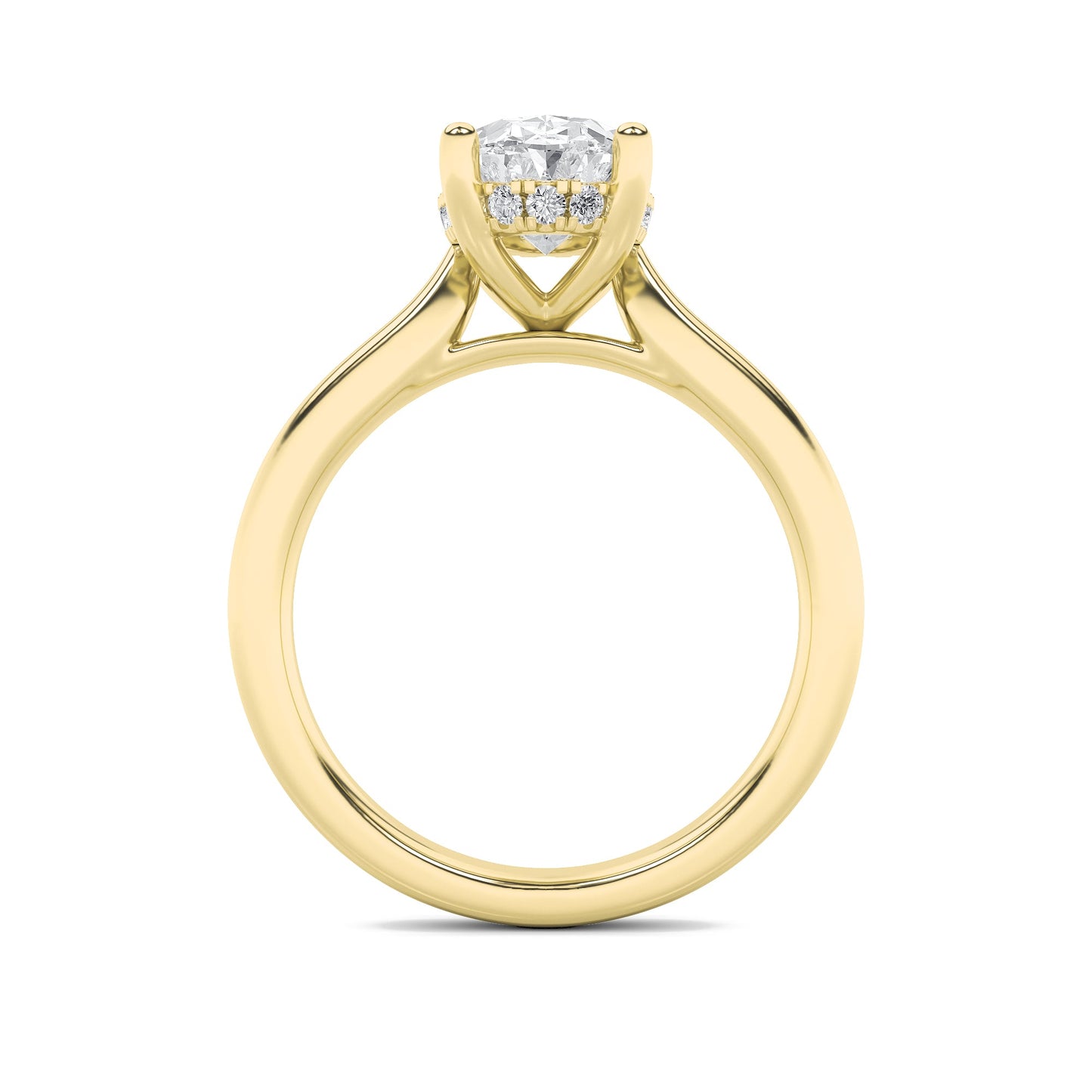 3Cttw Oval Shaped Lab Grown Diamond (F/VS) HiddenHalo Cathedral Shank Engagement Ring in 14K Gold