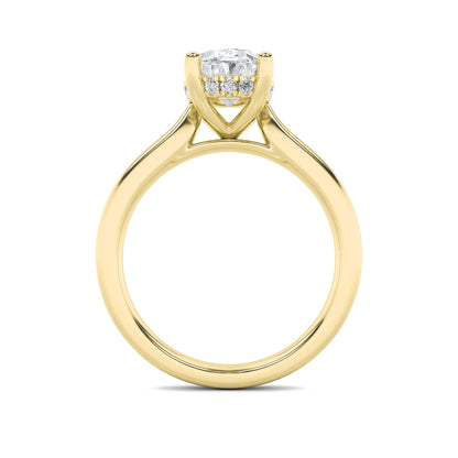 3Cttw Oval Shaped Lab Grown Diamond (F/VS) HiddenHalo Cathedral Shank Engagement Ring in 14K Gold