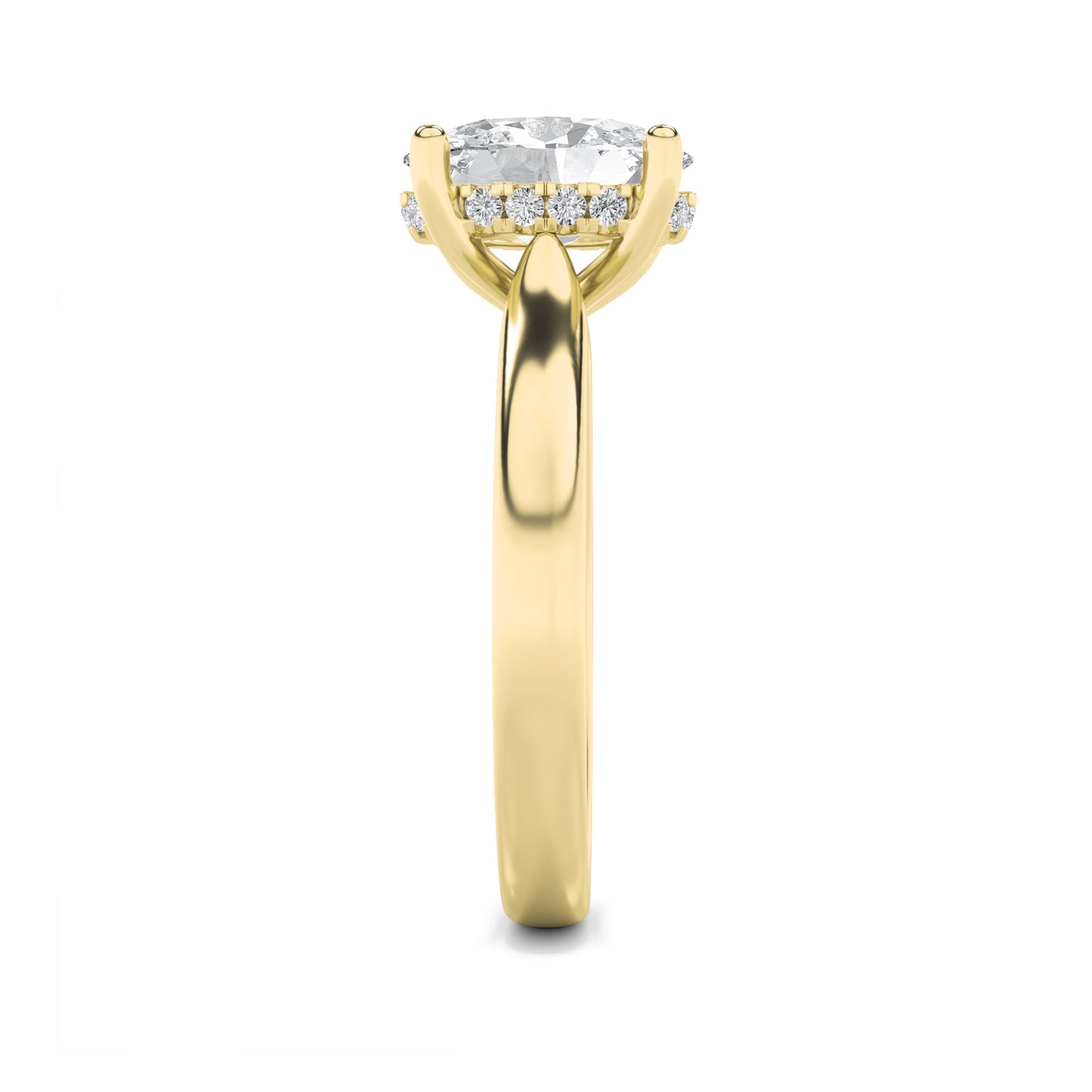 3Cttw Oval Shaped Lab Grown Diamond (F/VS) HiddenHalo Cathedral Shank Engagement Ring in 14K Gold