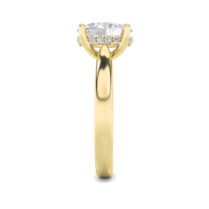 3Cttw Oval Shaped Lab Grown Diamond (F/VS) HiddenHalo Cathedral Shank Engagement Ring in 14K Gold