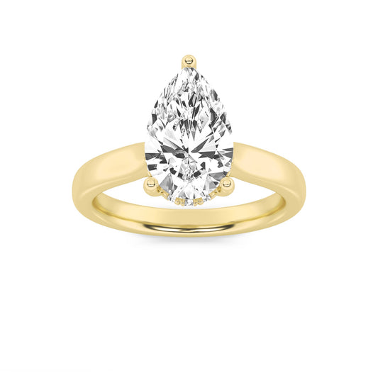 3Cttw Pear Shaped Lab Grown Diamond (F/VS) HiddenHalo Cathedral Shank Engagement Ring in 14K Gold