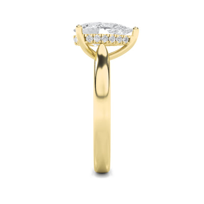 3Cttw Pear Shaped Lab Grown Diamond (F/VS) HiddenHalo Cathedral Shank Engagement Ring in 14K Gold