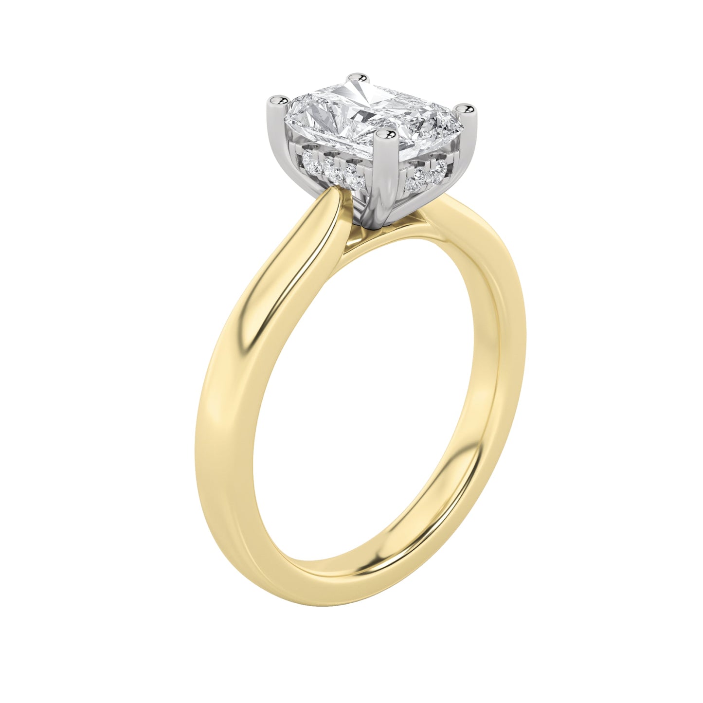 1.5Cttw Radiant Shaped Lab Grown Diamond (F/VVS) Hidden Halo Cathedral Shank Engagement Ring in 14K Gold