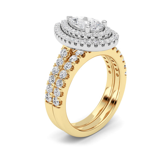 2Cttw Pear Shaped Lab Grown Diamond (F/VS) DoubleHalo Bridal Set Engagement Ring Set in 14K Gold