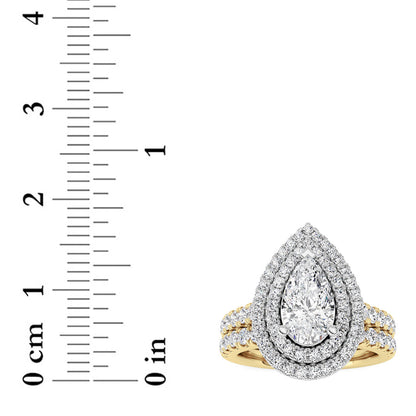 2Cttw Pear Shaped Lab Grown Diamond (F/VS) DoubleHalo Bridal Set Engagement Ring Set in 14K Gold