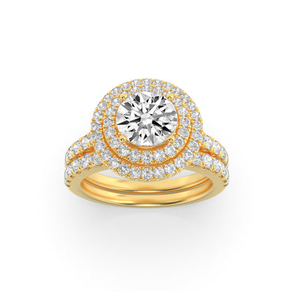 2Cttw Round Shaped Lab Grown Diamond (F/VS) DoubleHalo Bridal Set Engagement Ring Set in 14K Gold