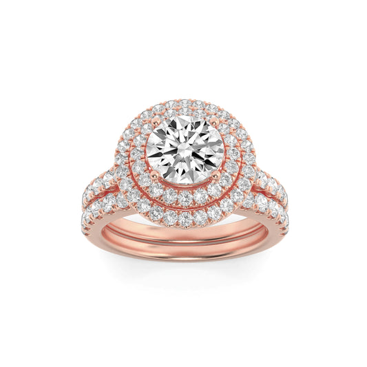 2Cttw Round Shaped Lab Grown Diamond (F/VS) DoubleHalo Bridal Set Engagement Ring Set in 14K Gold