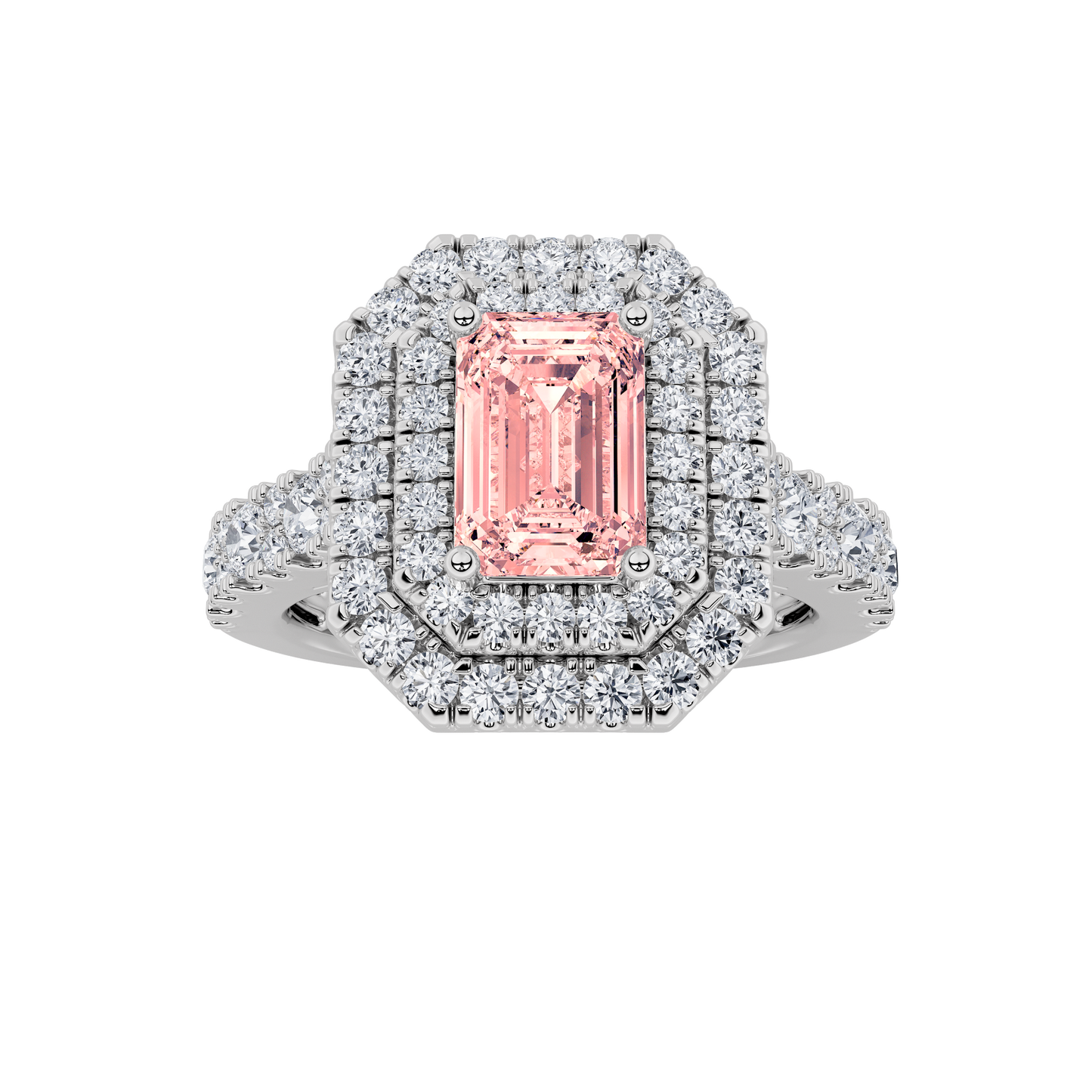 2Cttw Emerald Shaped Pink Lab Grown Diamond (F/VS) Double Halo Engagement Ring in 14K Gold
