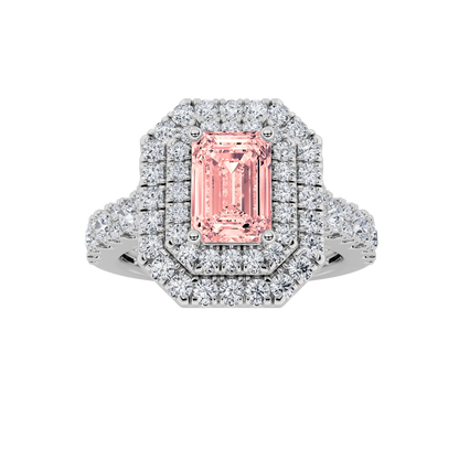 2Cttw Emerald Shaped Pink Lab Grown Diamond (F/VS) Double Halo Engagement Ring in 14K Gold
