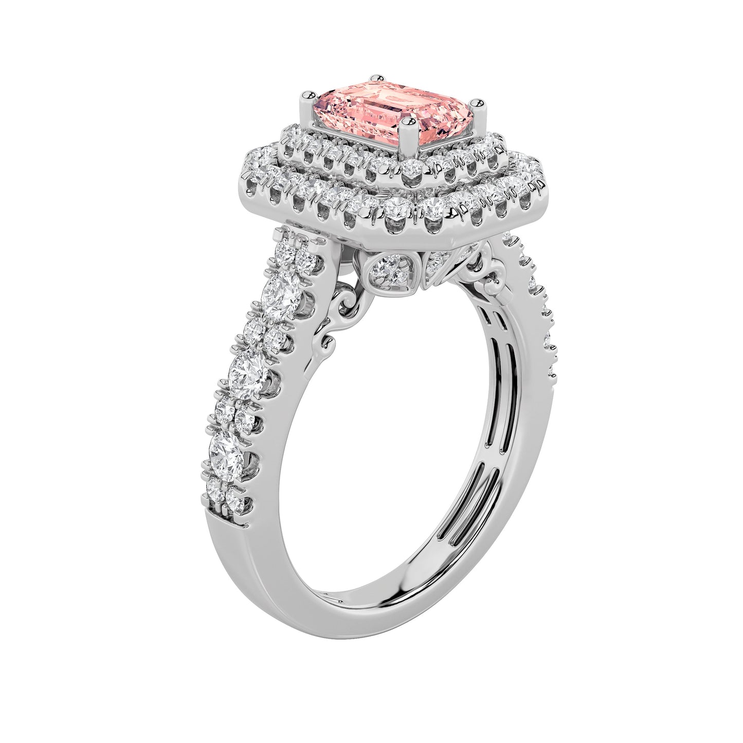 2Cttw Emerald Shaped Pink Lab Grown Diamond (F/VS) Double Halo Engagement Ring in 14K Gold