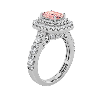 2Cttw Emerald Shaped Pink Lab Grown Diamond (F/VS) Double Halo Engagement Ring 14K Gold
