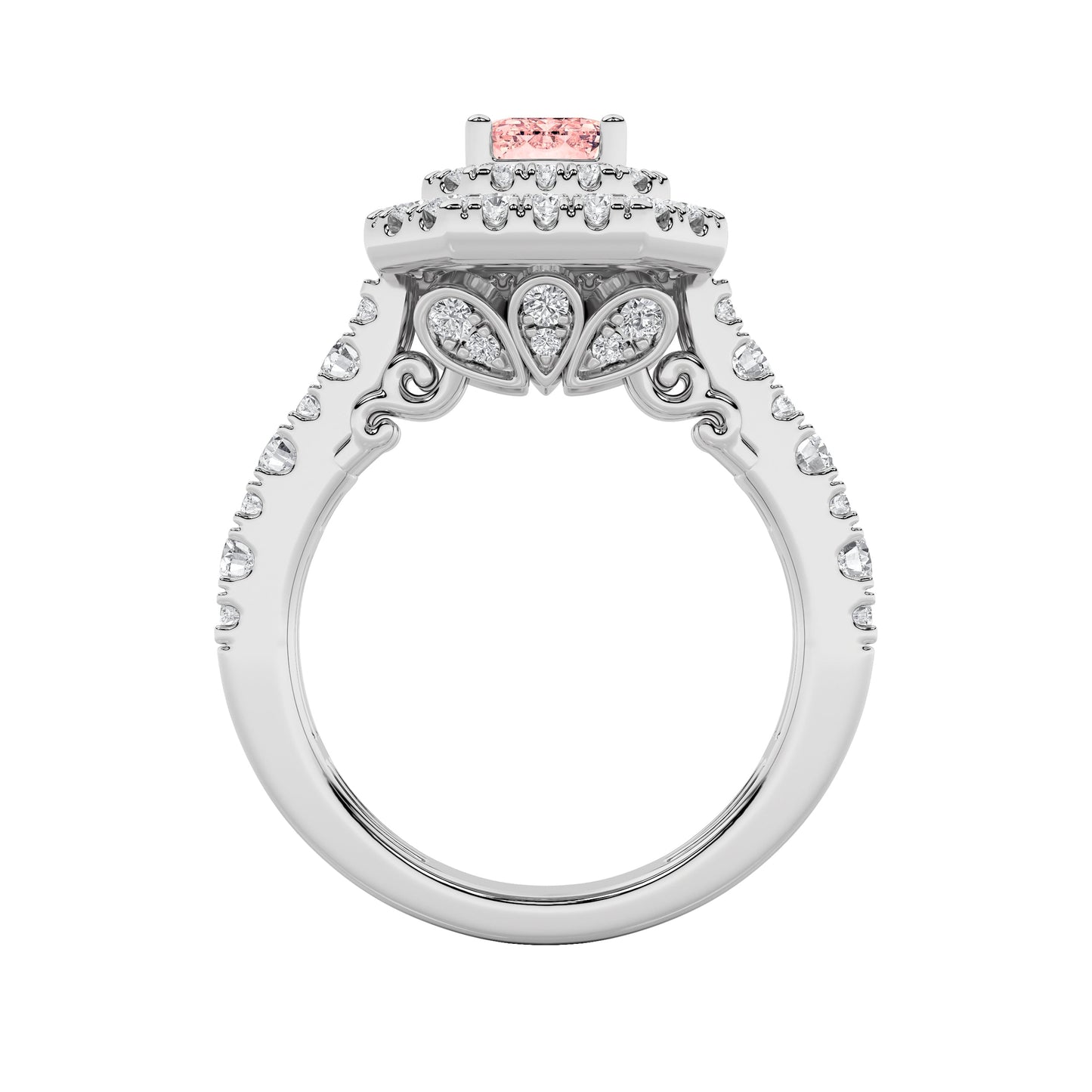 2Cttw Emerald Shaped Pink Lab Grown Diamond (F/VS) Double Halo Engagement Ring in 14K Gold