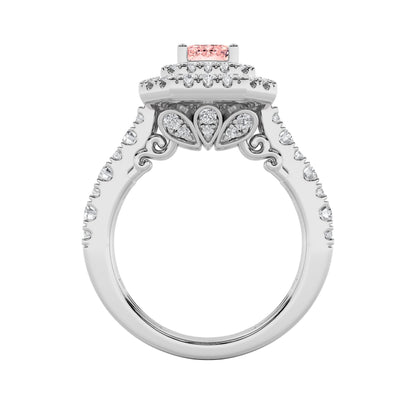 2Cttw Emerald Shaped Pink Lab Grown Diamond (F/VS) Double Halo Engagement Ring in 14K Gold