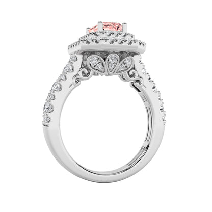 2Cttw Emerald Shaped Pink Lab Grown Diamond (F/VS) Double Halo Engagement Ring in 14K Gold