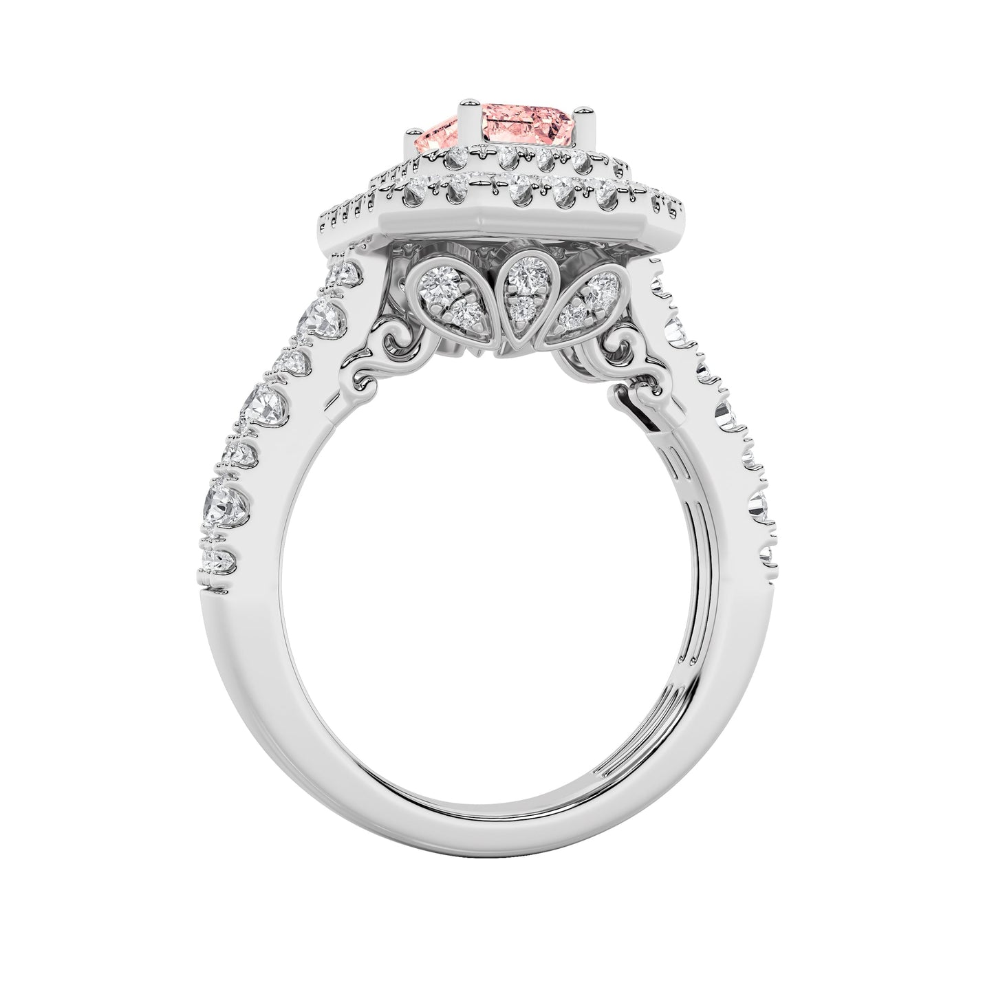 2Cttw Emerald Shaped Pink Lab Grown Diamond (F/VS) Double Halo Engagement Ring 14K Gold