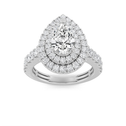 2Cttw Pear Shaped Lab Grown Diamond (F/VS) DoubleHalo Engagement Ring in 14K Gold