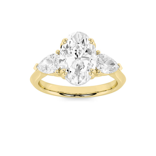 3Cttw Oval Shaped Lab Grown Diamond (F/VS) Three Stone Hidden Halo Ring in 14K Gold