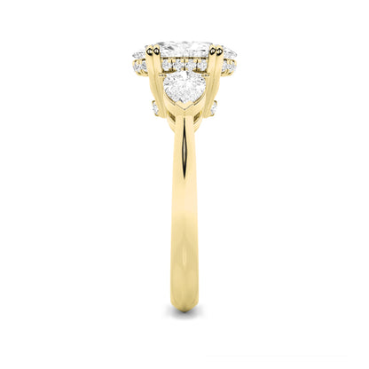 3Cttw Oval Shaped Lab Grown Diamond (F/VS) Three Stone Hidden Halo Ring in 14K Gold