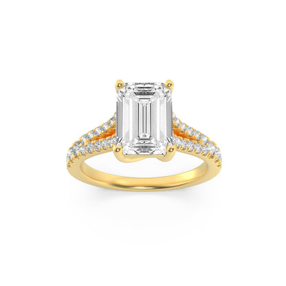 2Cttw Emerald Shaped Lab Grown Diamond (F/VS) Split Shank Trellis Engagement Ring in 14K Gold