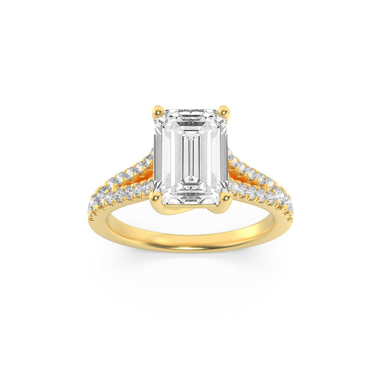 2Cttw Emerald Shaped Lab Grown Diamond (F/VS) Split Shank Trellis Engagement Ring in 14K Gold
