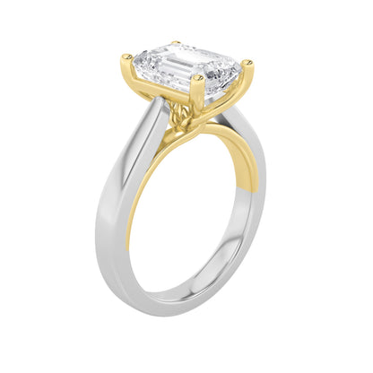 1Cttw Emerald Shaped Lab Grown Diamond (F/VS) TwoTone Twisted Basket Cathedral Shank Solitaire Ringin 14K Gold
