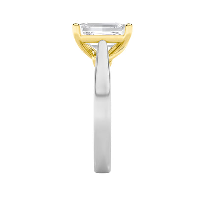 1Cttw Emerald Shaped Lab Grown Diamond (F/VS) TwoTone Twisted Basket Cathedral Shank Solitaire Ringin 14K Gold