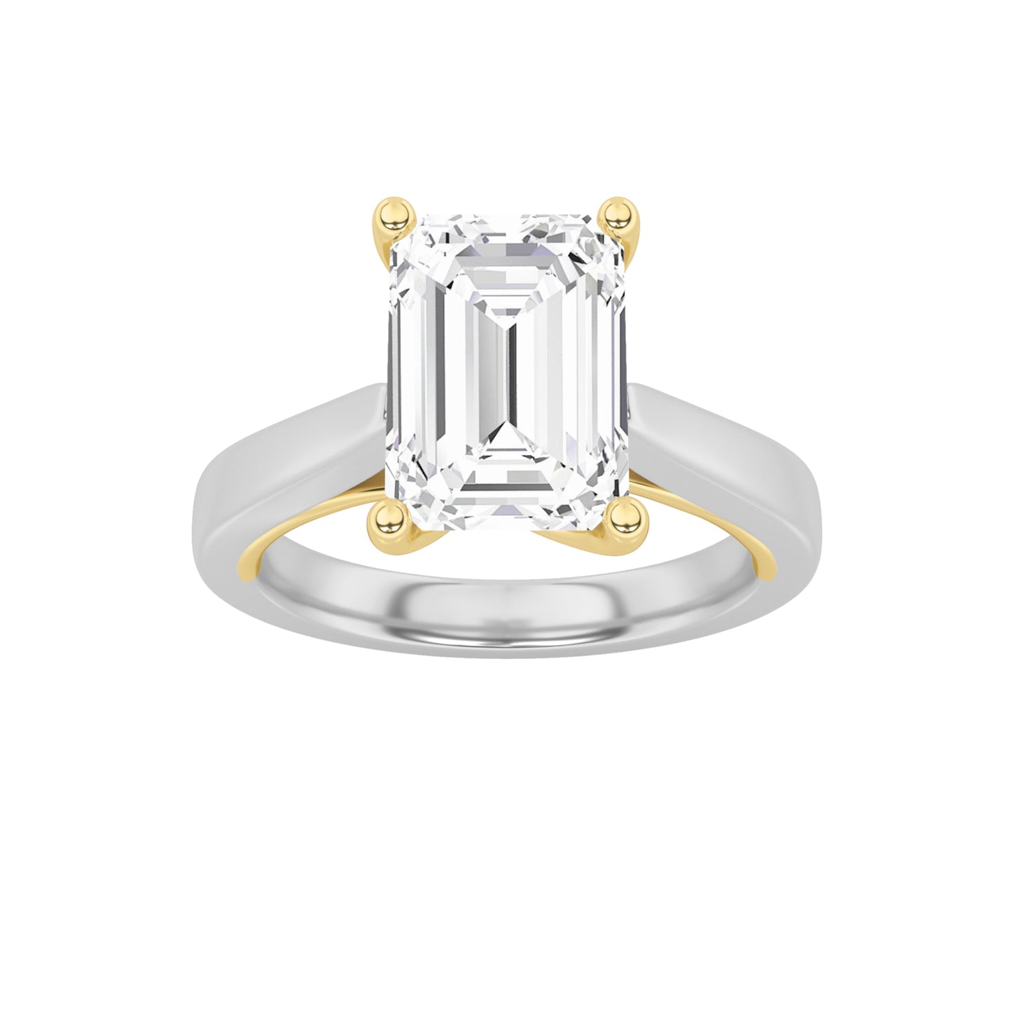 3Cttw Emerald Shaped Lab Grown Diamond (F/VS) Two-Tone Twisted Basket Cathedral Shank Solitaire Ringin 14K Gold