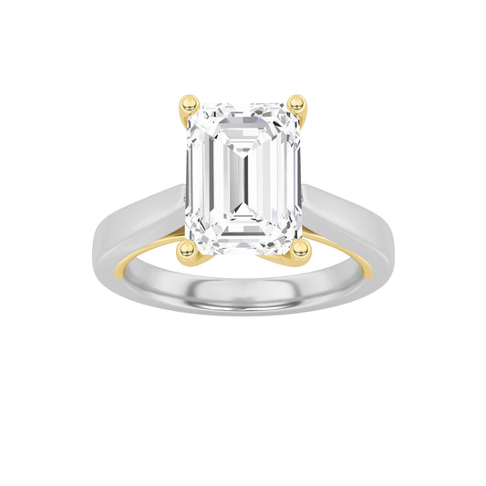 3Cttw Emerald Shaped Lab Grown Diamond (F/VS) Two-Tone Twisted Basket Cathedral Shank Solitaire Ringin 14K Gold