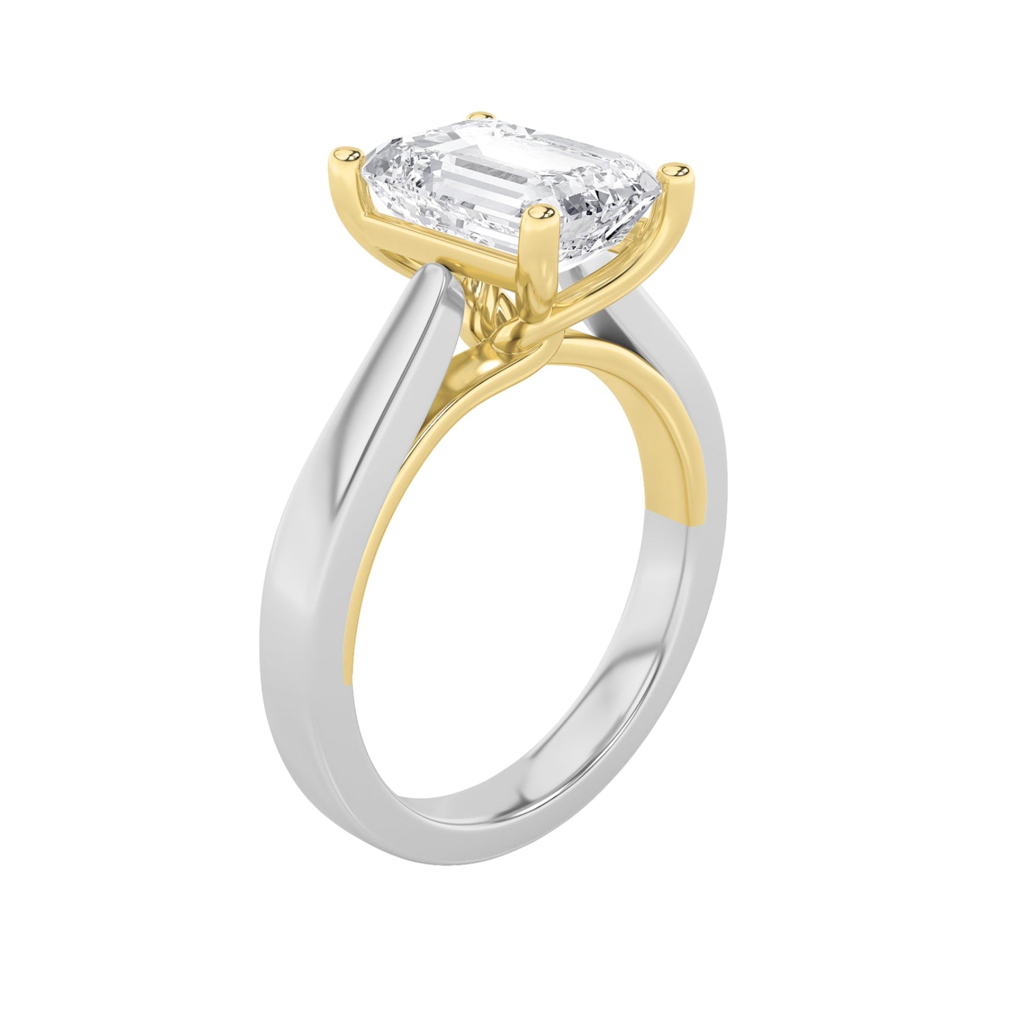 3Cttw Emerald Shaped Lab Grown Diamond (F/VS) Two-Tone Twisted Basket Cathedral Shank Solitaire Ringin 14K Gold