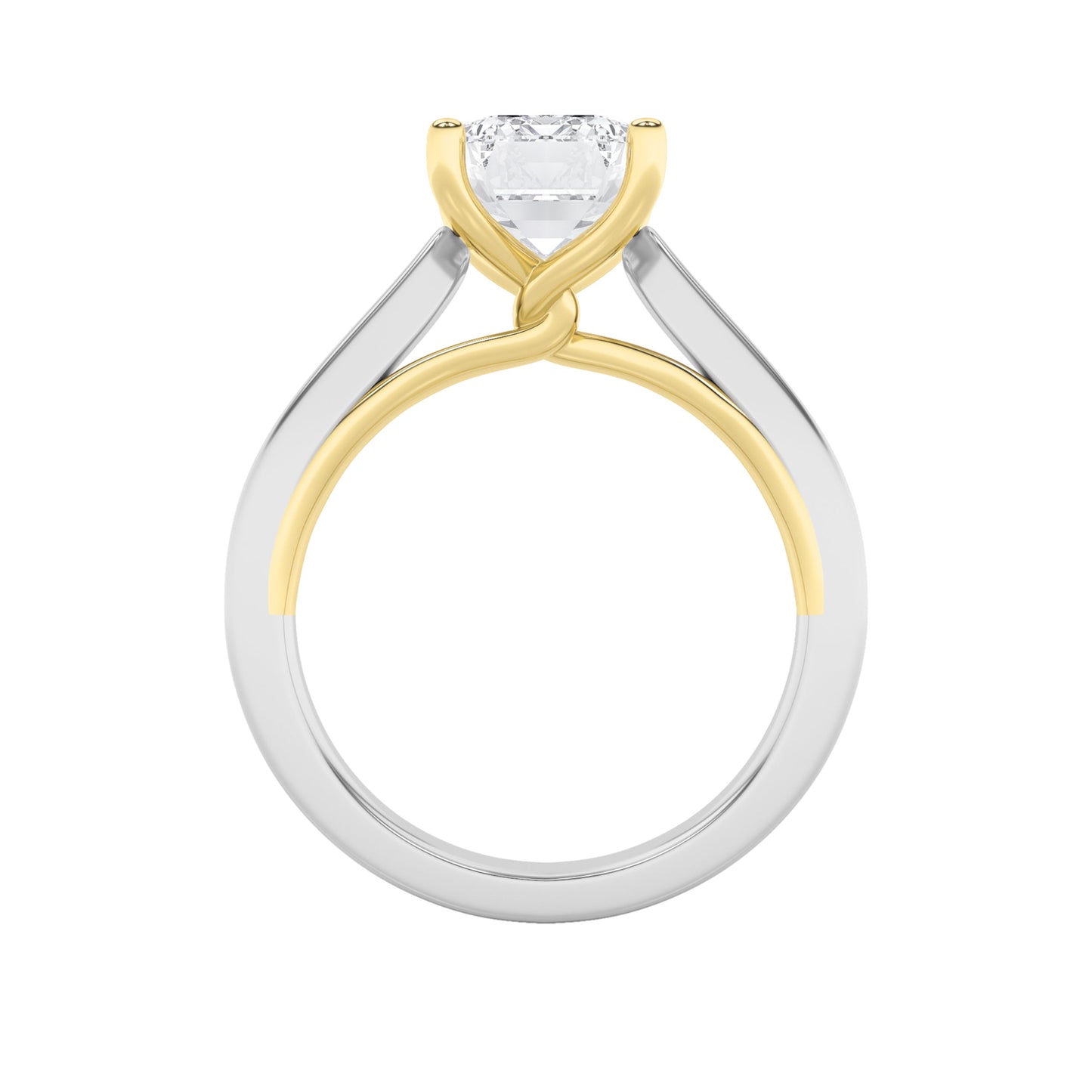 3Cttw Emerald Shaped Lab Grown Diamond (F/VS) Two-Tone Twisted Basket Cathedral Shank Solitaire Ringin 14K Gold