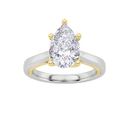 2Cttw Pear Shaped Lab Grown Diamond (F/VS) Two Tone Twisted Basket Cathedral Shank Solitaire Ring in14K Gold